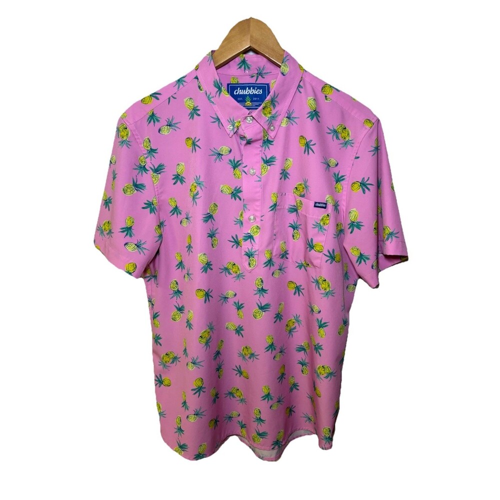 Chubbies Mens Medium Pineapple  Print Performance Polo Shirt Stretch Hawaiian